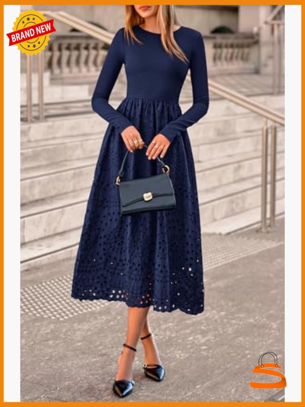 Women's Long Sleeve Maxi Dress A-Line Boho Eyelet Cotton Blend Pockets - Picture 3 of 7